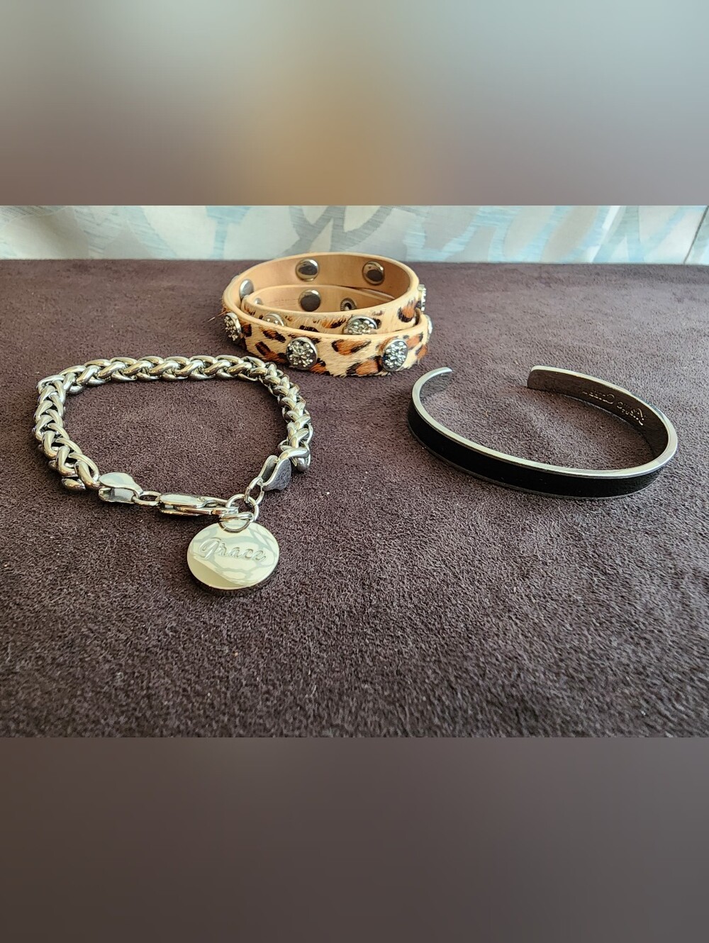 Rustic Cuff 3 Bracelet Lot Leopard Wrap, Grace Charm & Black Enamel Cuff